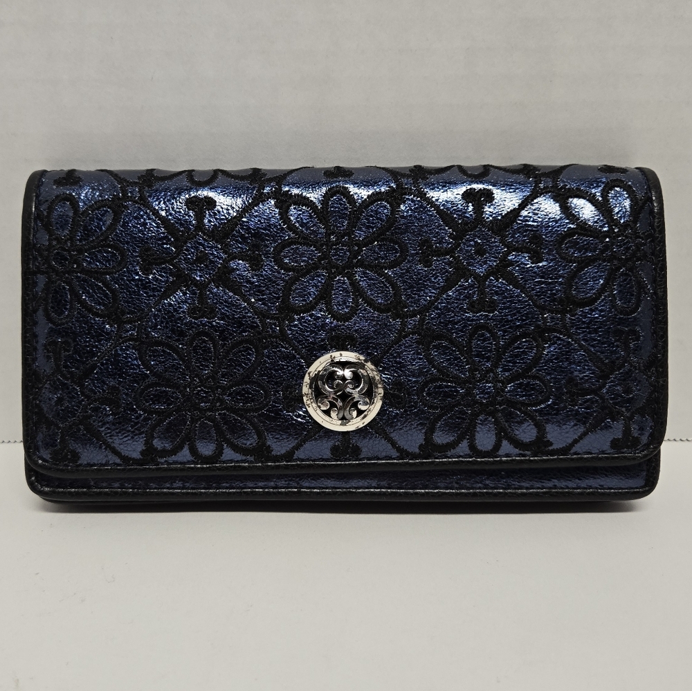 Brighton Valencia Embroidered Black and Blue Floral Wallet 7.5"X4.25"